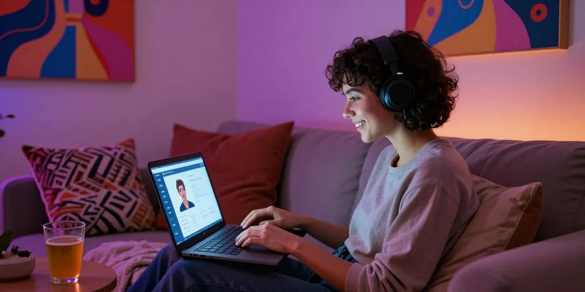 Engaging in an intimate AI sex chat in a cozy virtual setting.