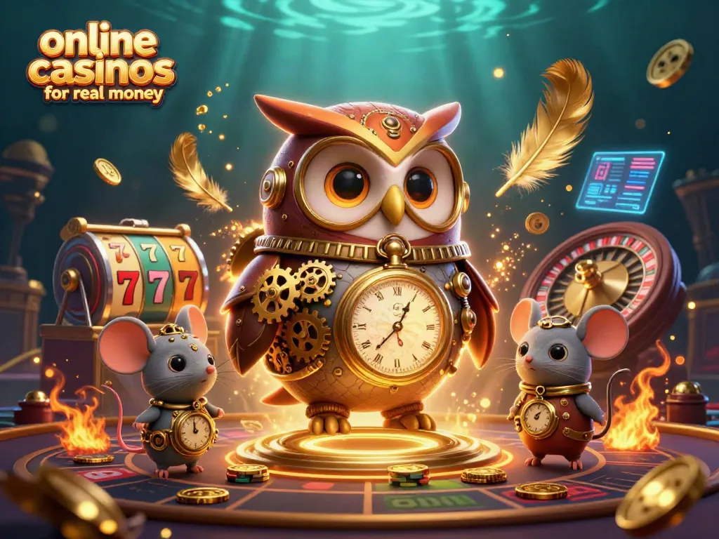 Engaging scene showcasing online casinos for real money with a steampunk owl and roulette elements.