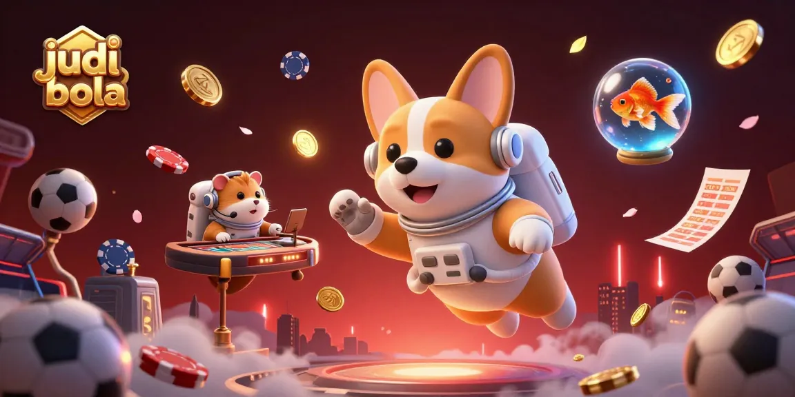 Experience thrilling judi bola action with floating sports elements and charming characters in a vibrant casino world.