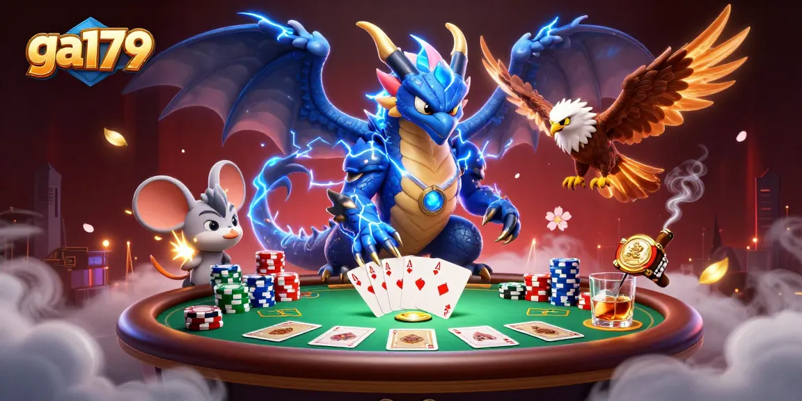 Engage with the thrilling ga179 casino scene, featuring dragons and poker elements in 3D.