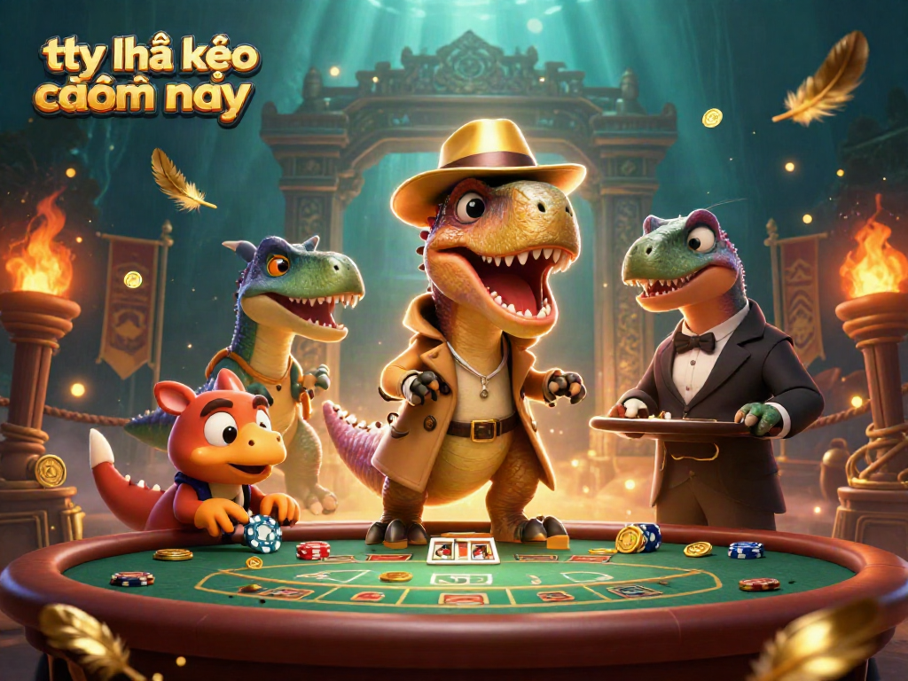 Engage with tỷ lệ kèo nhà cái hôm nay featuring animated dinosaurs in a vibrant casino scene.