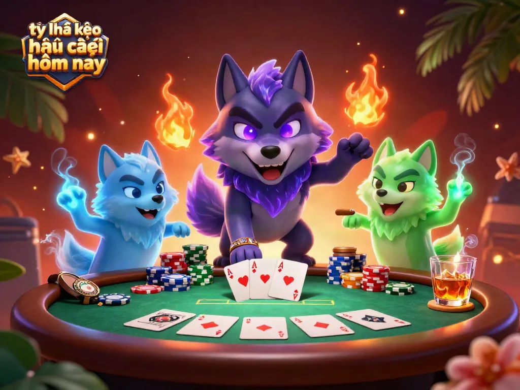 Tỷ lệ kèo nhà cái hôm nay showcases a thrilling poker scene with vibrant characters and games elements.