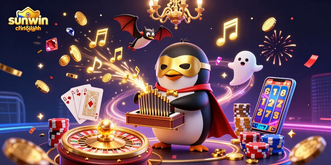 Bring winnings to life with sunwin chính hãng as a 3D penguin plays an organ shooting golden coins, showcasing vibrant gambling elements.