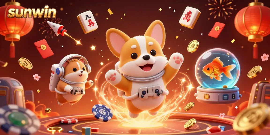 Engage with sunwin's vibrant space-themed casino scene featuring an astronaut corgi and more.