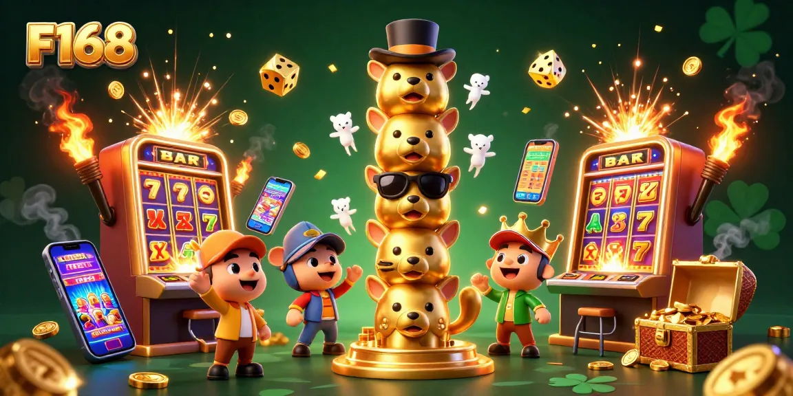 Experience the excitement of F168 with a vibrant illustration of a casino-themed 3D totem and dynamic gaming elements.