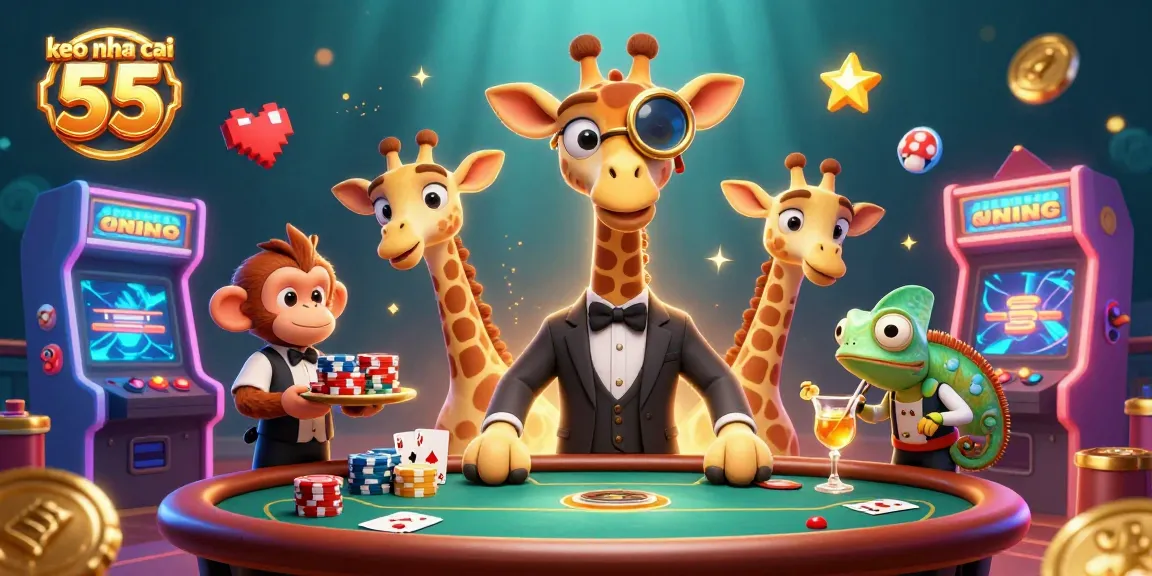 Engage with keo nha cai 55 as a high-roller giraffe enjoys poker in this vibrant casino scene.