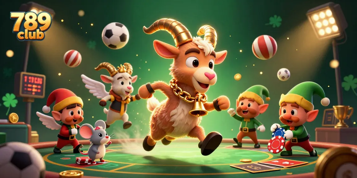Join the excitement at 789 club with a lively casino scene featuring dynamic sports elements and playful characters.