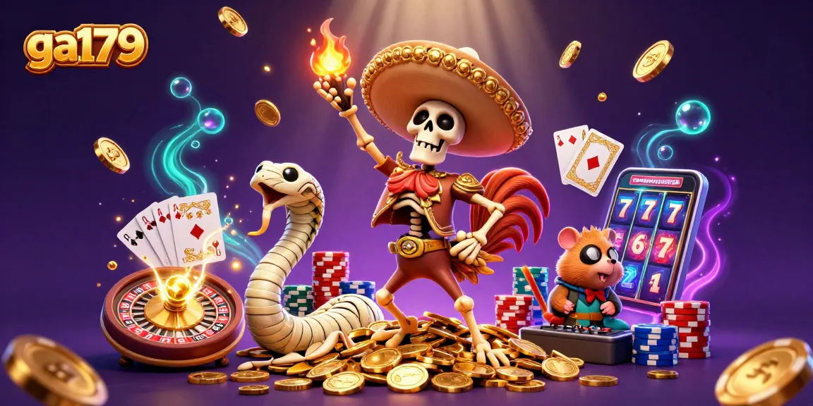 ga179 showcases a vibrant victory dance scene with a mariachi rooster and DJ hamster in animated casino action.