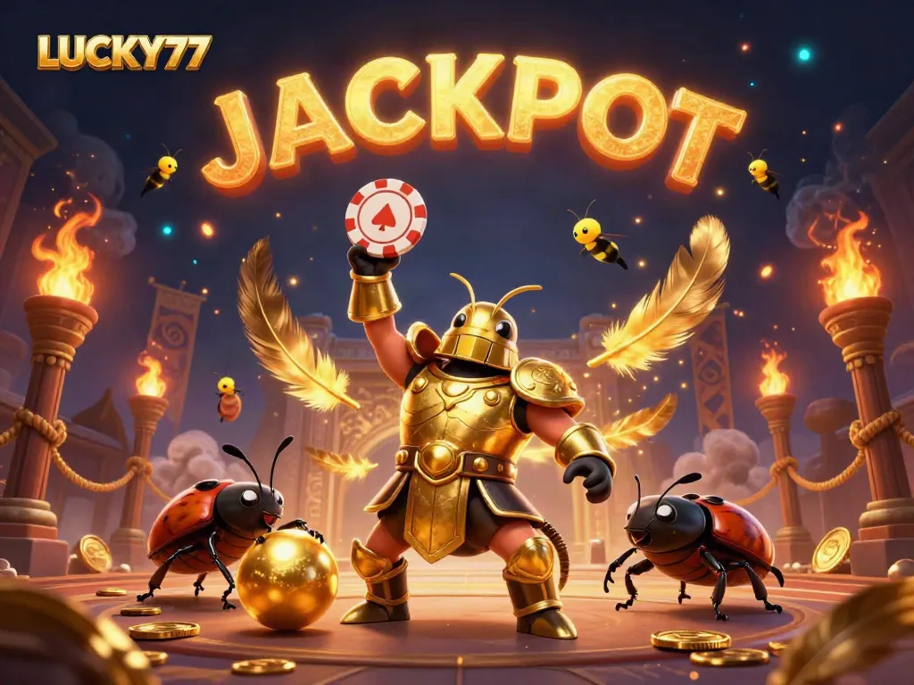Experience the thrilling LUCKY77 jackpot scene with a victorious beetle and dazzling casino elements.