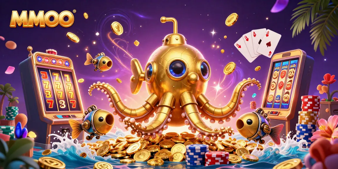 MMOO illuminates a vibrant underwater casino scene with a golden kraken and slot reels.