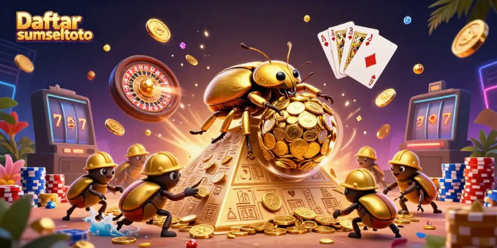 Experience Daftar sumseltoto with a vibrant casino scene of golden beetles and dynamic symbols.