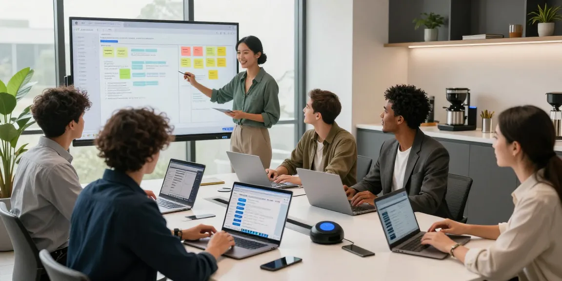 Team collaborating using AI productivity tools in a modern office setting, showcasing technology-enhanced teamwork.