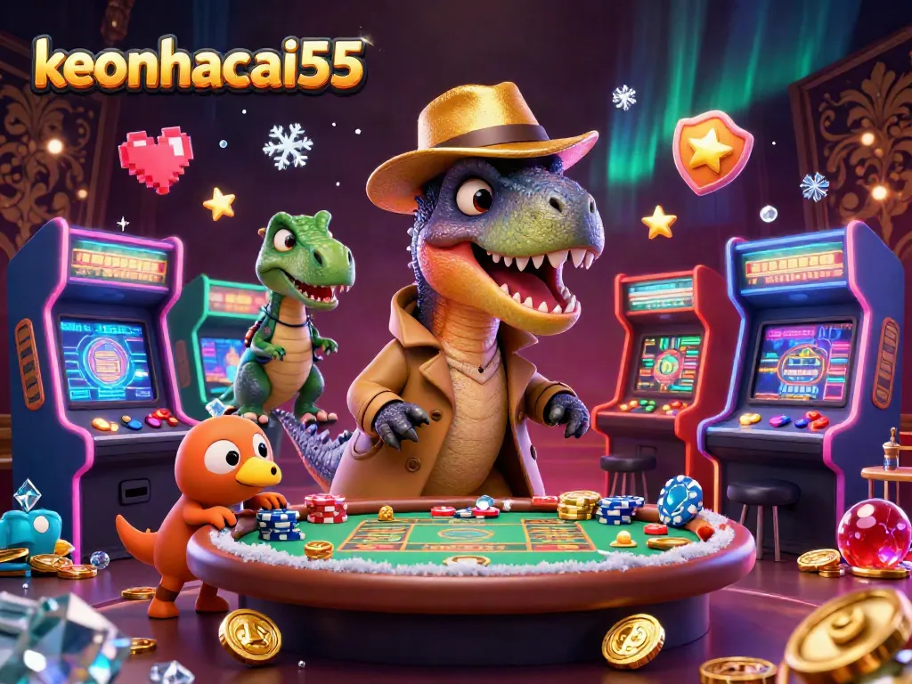 Engage in thrilling sports betting at keonhacai55 with creative cartoon characters in a dynamic casino scene.