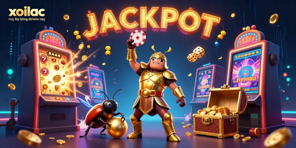 Xoilac trực tiếp bóng đá hôm nay showcases a triumphant beetle hero lifting a poker chip, set against a dynamic casino background.