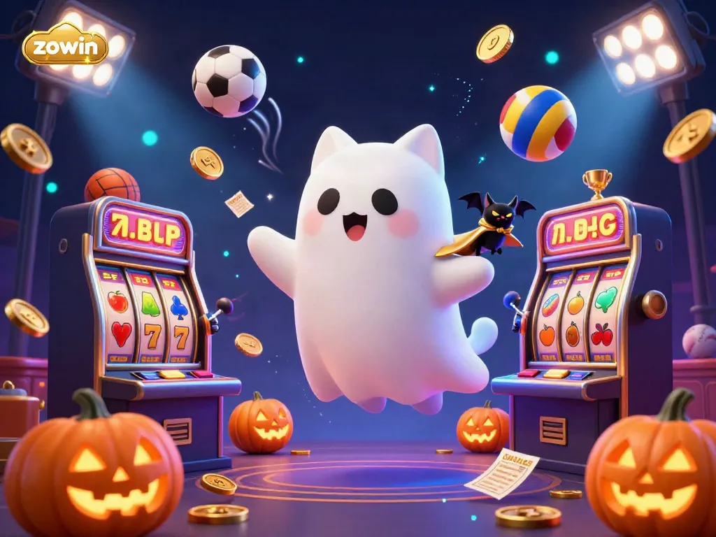 Engage with the vibrant casino world of zowin featuring a ghost cat and vampire bat, surrounded by dynamic gaming elements.