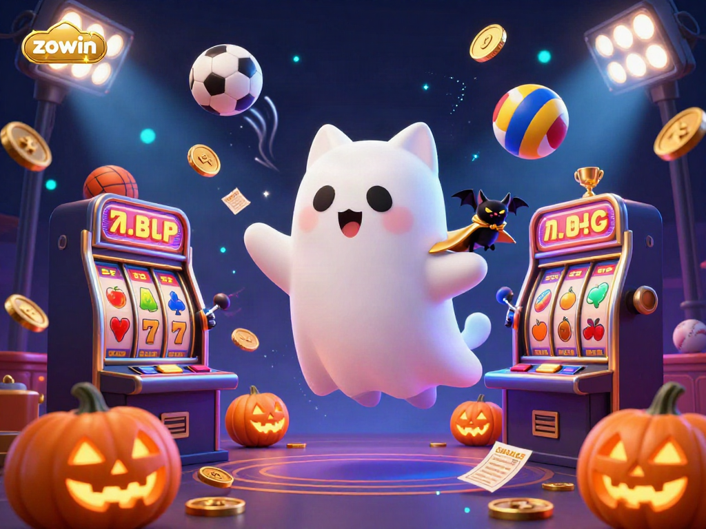 Engage with the vibrant casino world of zowin featuring a ghost cat and vampire bat, surrounded by dynamic gaming elements.