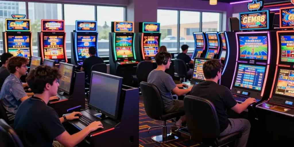 Engaged players enjoying various games at GEM88 online casino, showcasing vibrant atmosphere.