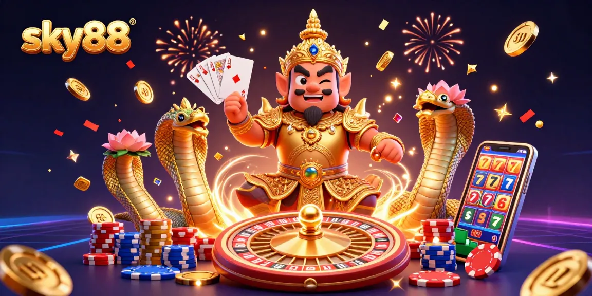 Spin the reels and win big with sky88 in a vibrant casino scene featuring golden coins and a roulette wheel.