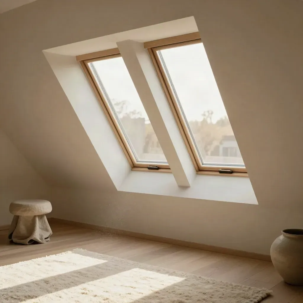 Freshly fitted roof windows flooding a plastered loft shaft with daylight