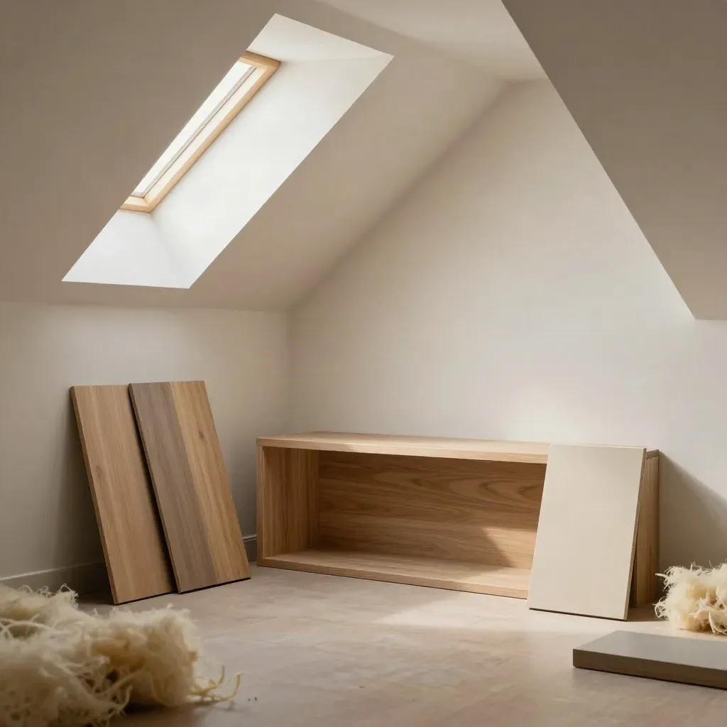 Attic corner with timber samples, insulation offcuts and a finished storage nook in soft daylight.