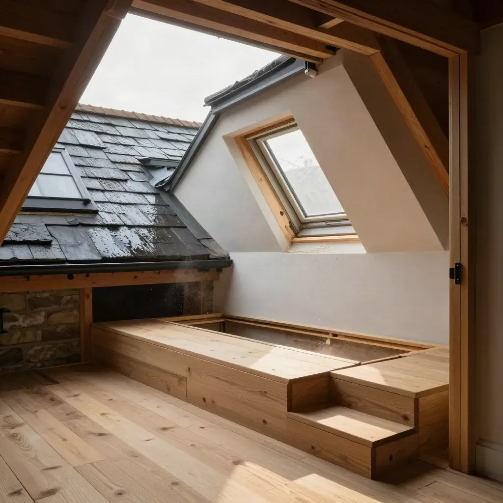 Victorian terrace loft conversion with dormer shell, stair opening and Velux shaft in wet post-rain light