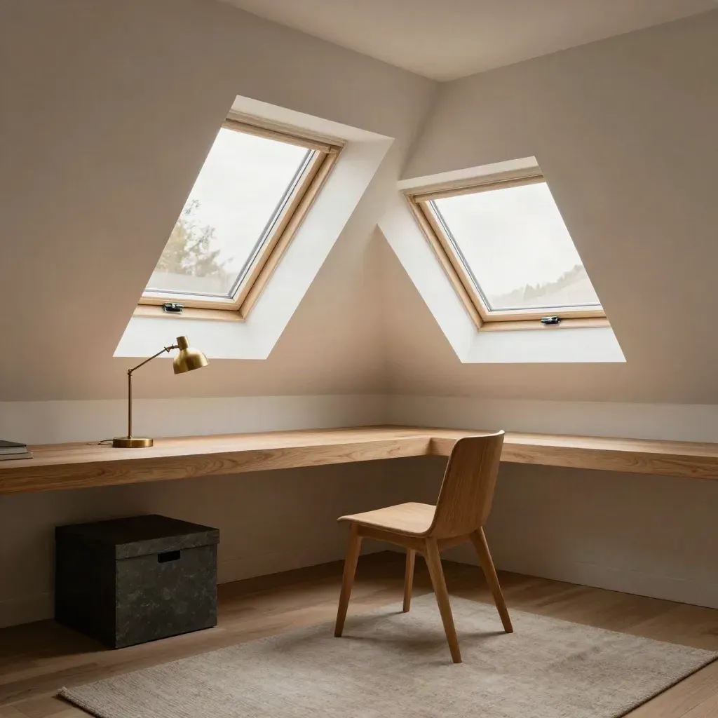 Quiet attic office with twin roof windows, oak chair, slate details and soft daylight.