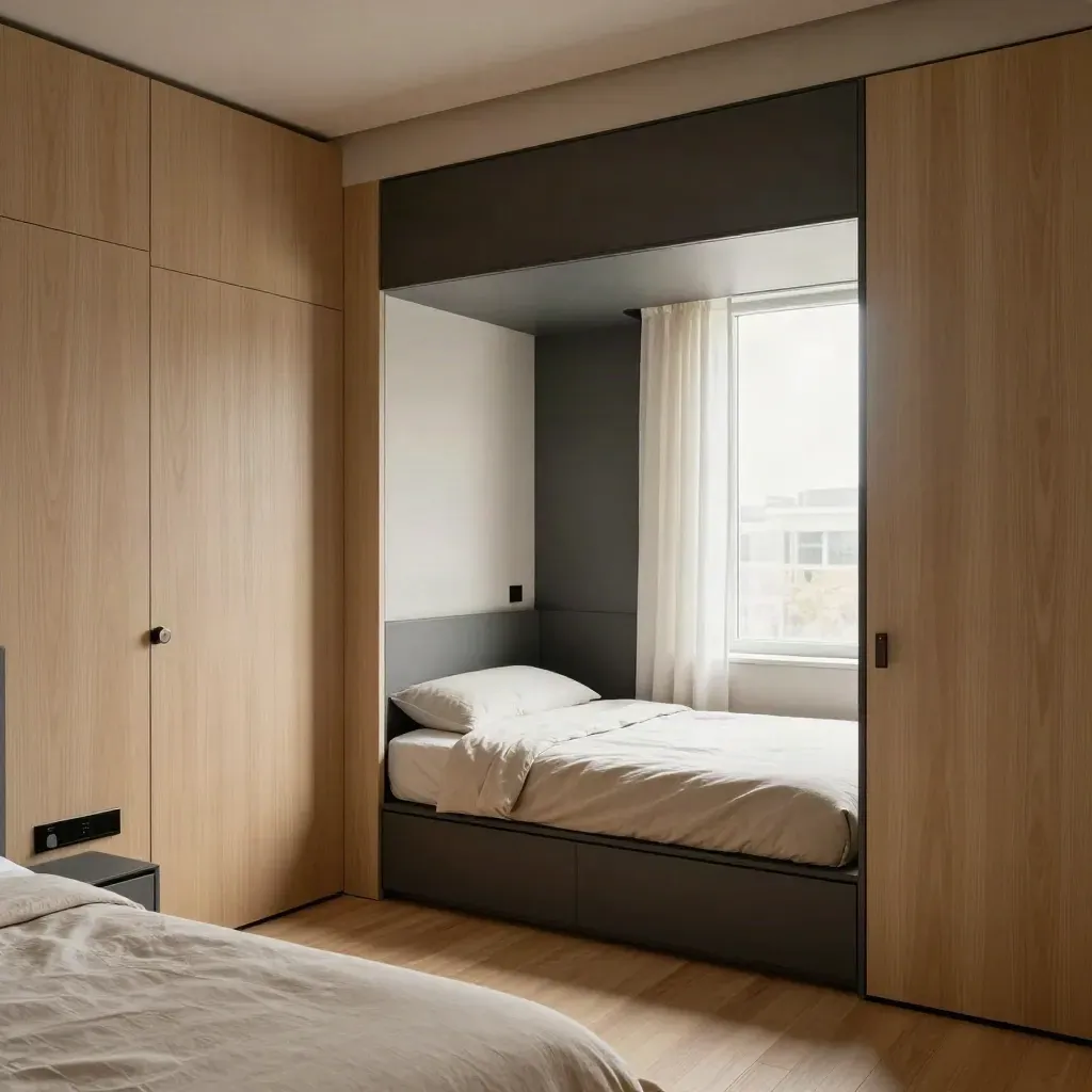 Compact loft suite with wardrobe wall, bed nook, corner window and a curtain mid-settle