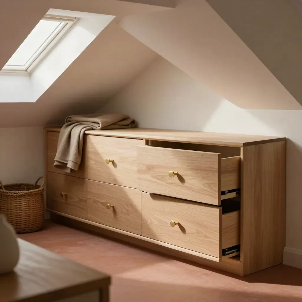 Pale oak built-in loft cupboards and drawers beneath a sloping attic ceiling in warm daylight.