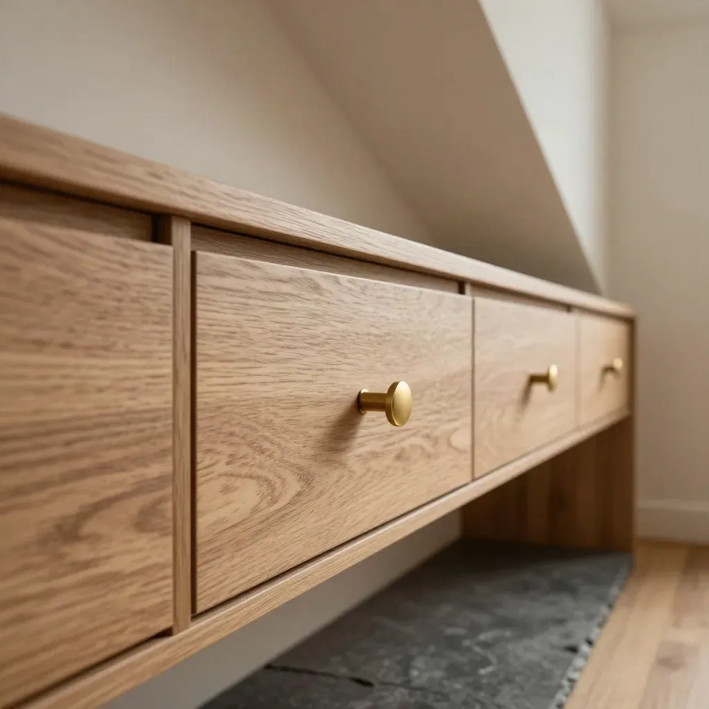 Close-up of pale oak eaves cupboards and deep drawers under a sloping loft ceiling.