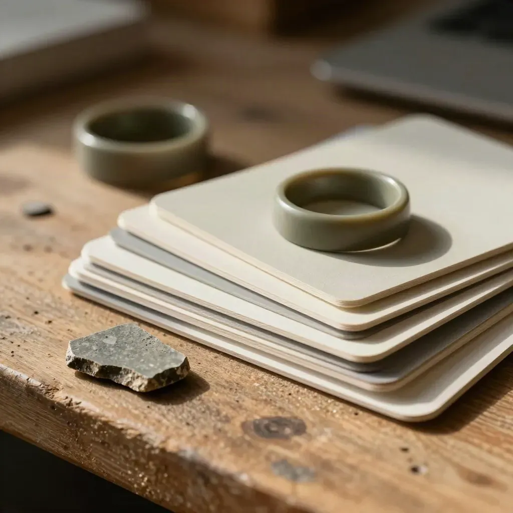 Planning sample rings, card swatches and flint tile fragment on a loft workbench, side-lit close-up.