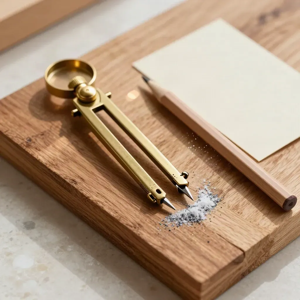 Brass compass, graphite pencil and timber roof mock-up in an overhead macro on pale travertine.
