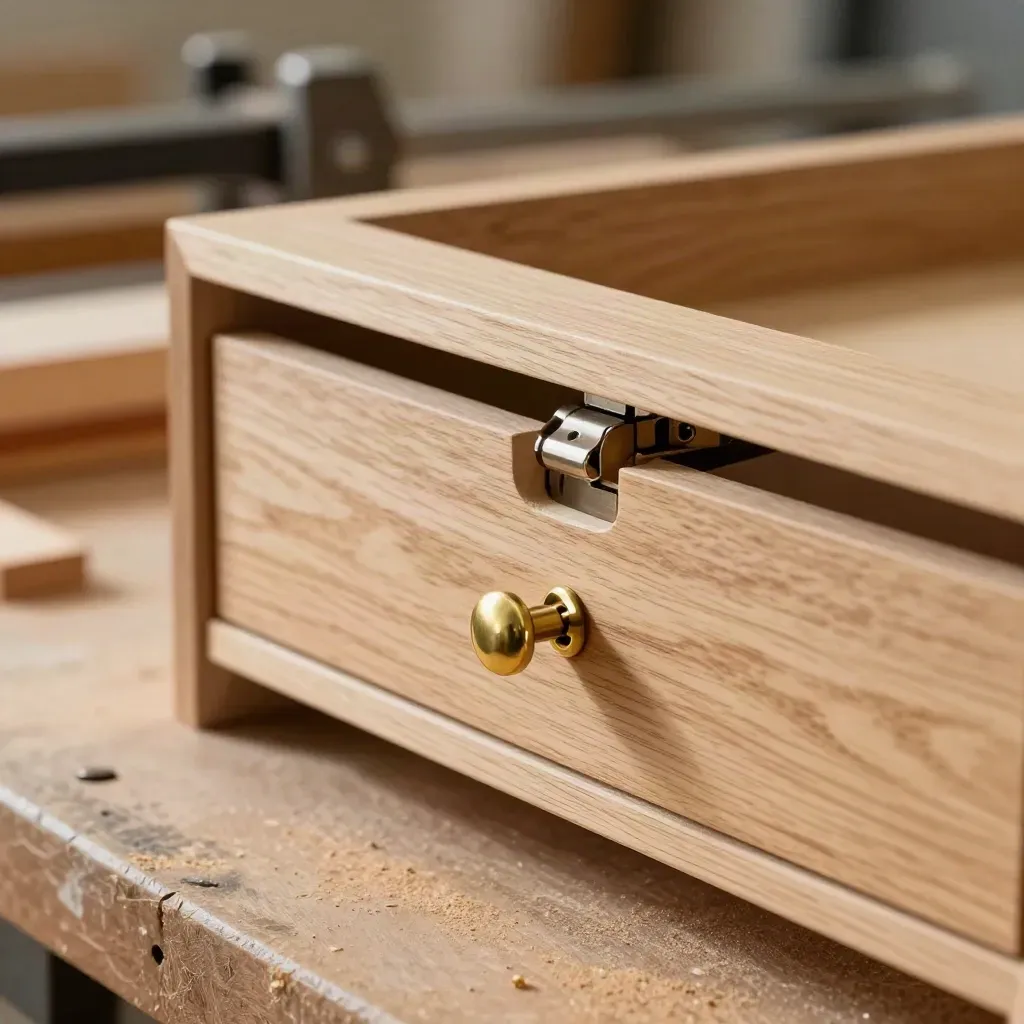 Oak drawer front sample with concealed hinge, soft-close runner and brass pull on a joinery bench