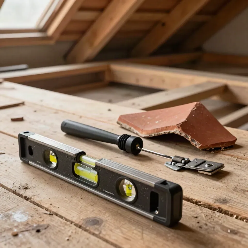 Spirit level, torch, roof tile chip and loft hatch hardware on worn timber boards.