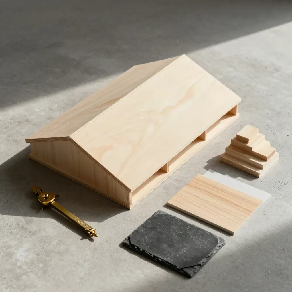 Overhead flatlay of roof model, brass compasses, swatches and stair block on concrete