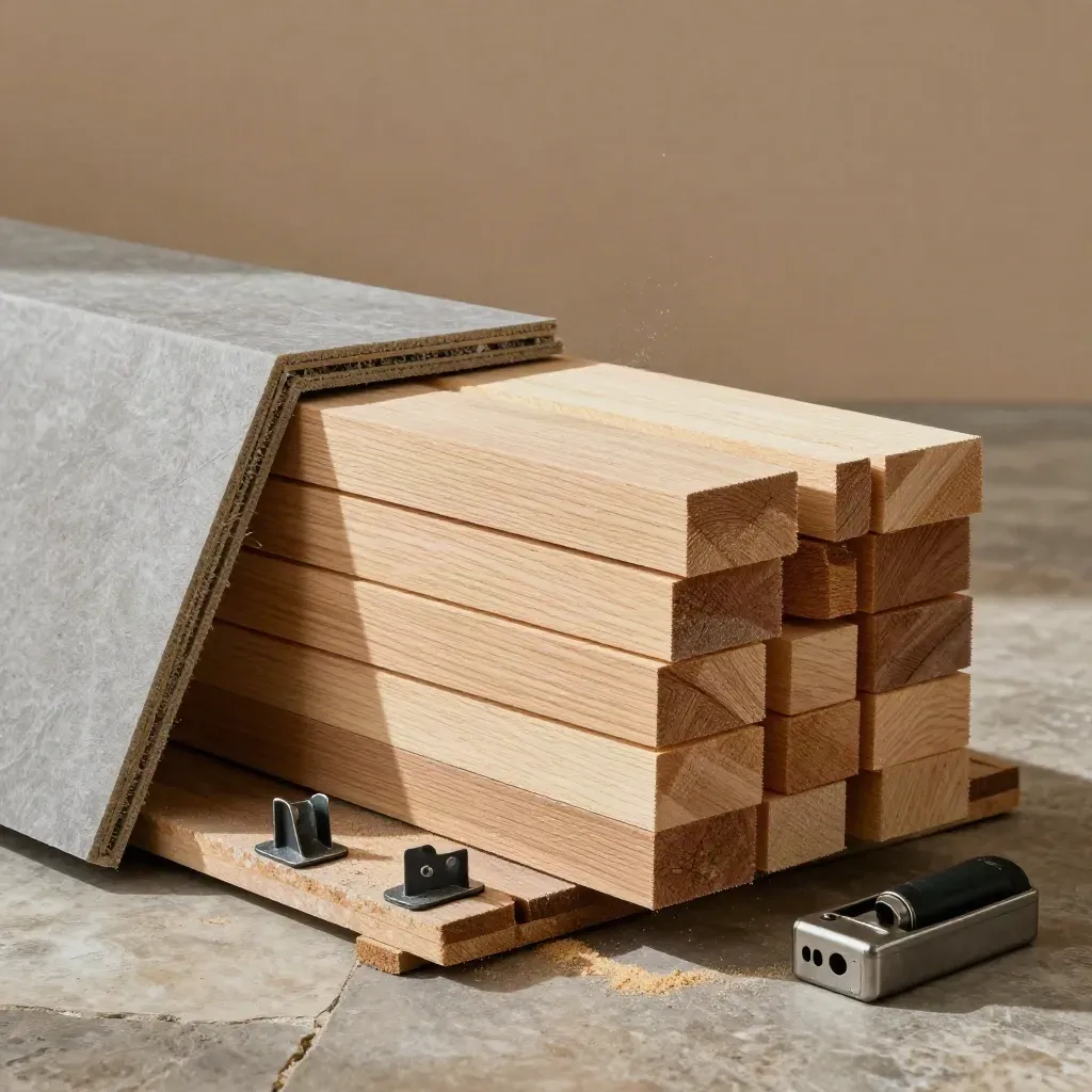 Timber studs, insulation boards, joist hangers and drill bits on a scaffold plank