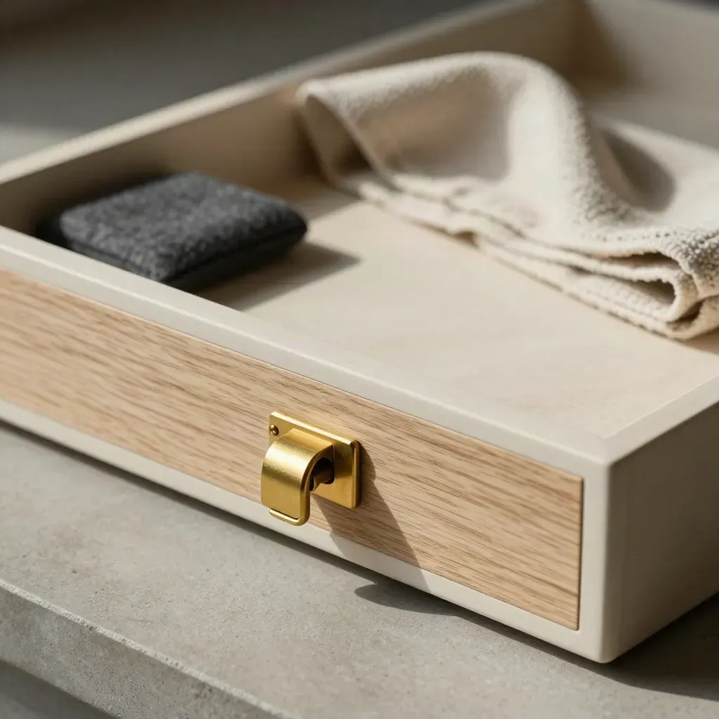 Loft drawer sample with brass latch and cloth on pale stone tray