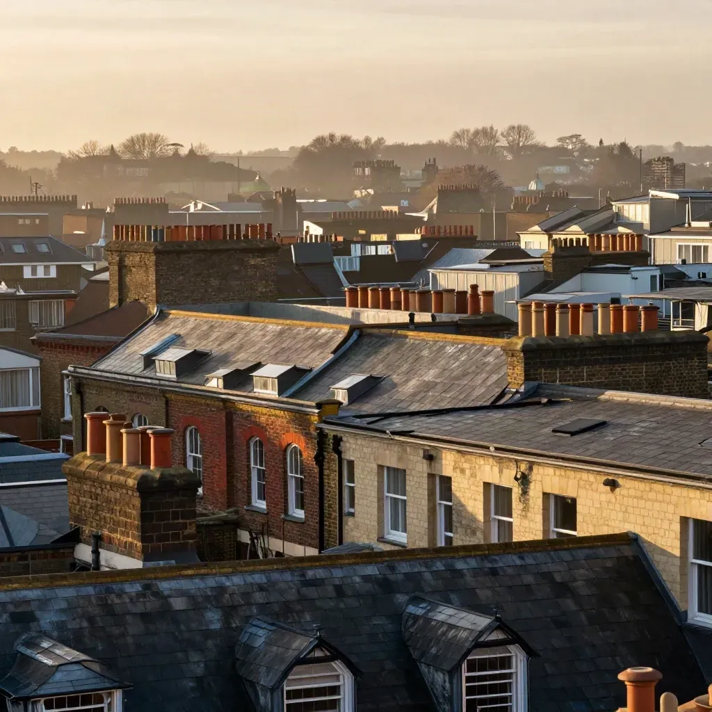 Golden-hour London rooftop skyline of slate mansards and brick terraces in warm haze.
