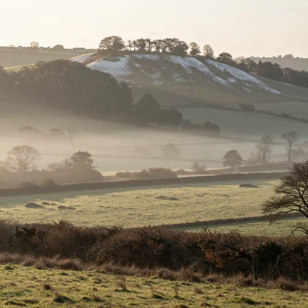 Mist lifts over a Surrey chalk ridge and beech woodland above a quiet valley.