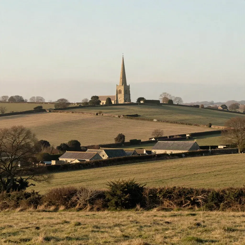 Flint church spire above hazy Hertfordshire fields and farm roofs at late afternoon.