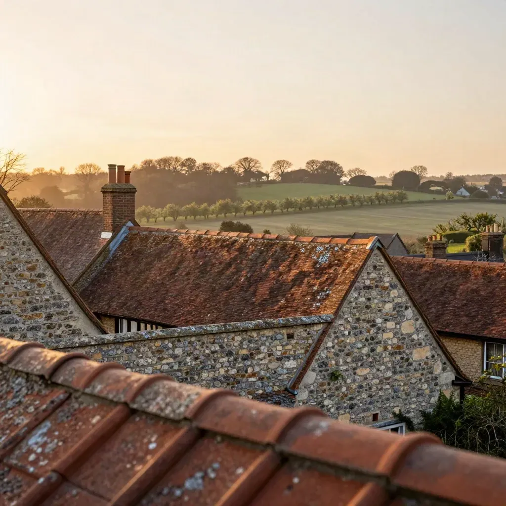 Kent rooftops and ragstone walls at dusk above calm orchard haze