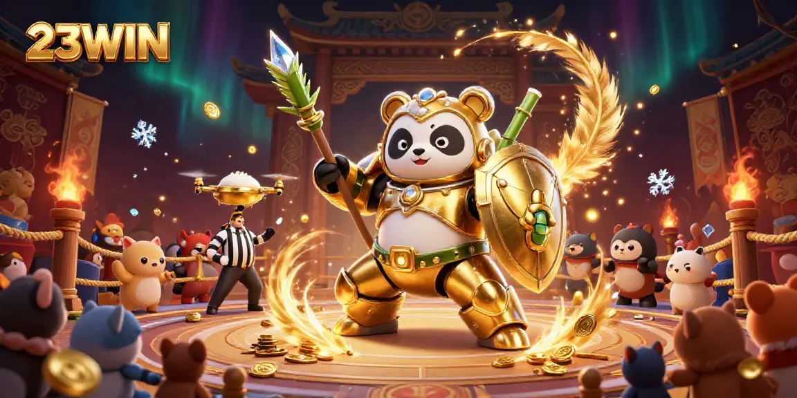 Engage with 23WIN in an epic 3D casino battle scene showcasing a mech-suit panda and lively gaming elements.
