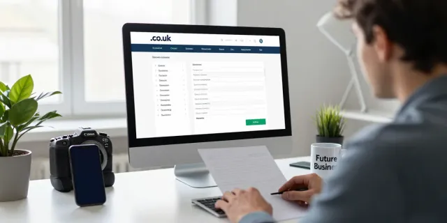 Buy .co.uk domain scene in a modern office showcasing registration process