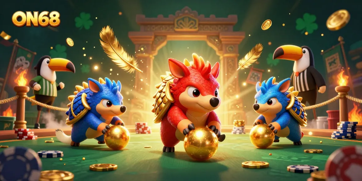 Engage in thrilling games at ON68 with our unique pangolin rivalry illustration, showcasing vibrant casino elements.