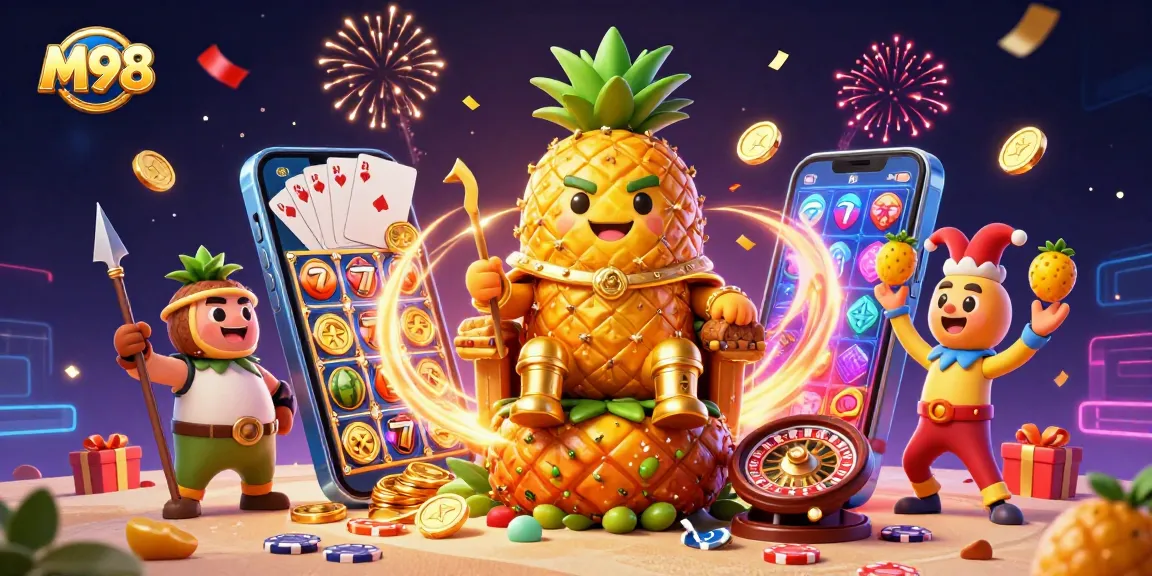 M98 slot game celebration with a golden pineapple king, spins, and fireworks.