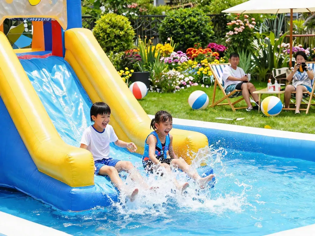 Children enjoying inflatable water slides on a sunny day, creating joyful moments.