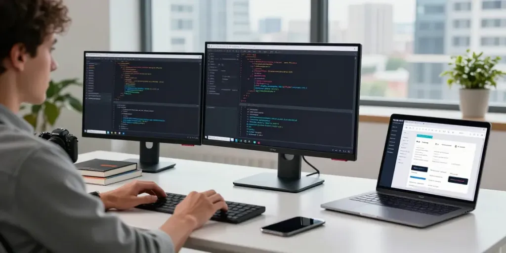 Web developer utilizing instant indexing tools in a modern workspace surrounded by technology and city views.