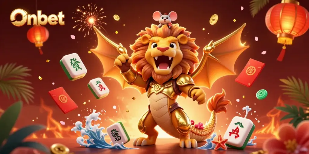 Bet on Onbet with a dynamic scene of a chimera and mouse jockey in a vibrant casino atmosphere.