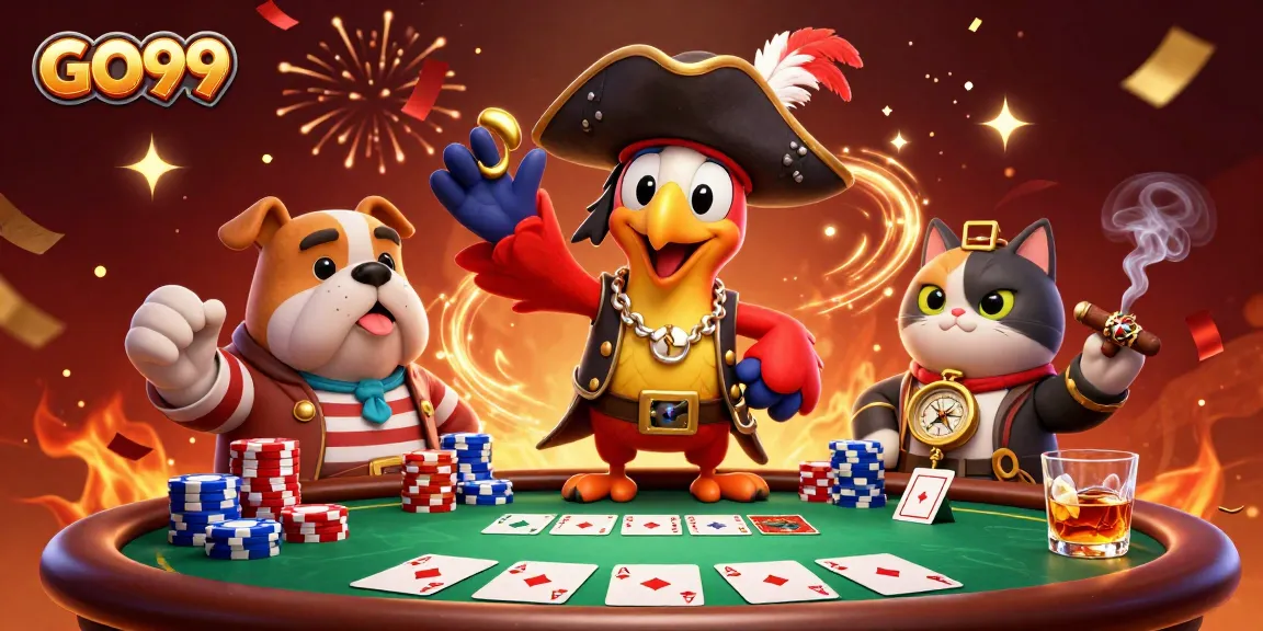 Experience GO99 with vibrant casino action featuring a pirate captain, bulldog, and cat.