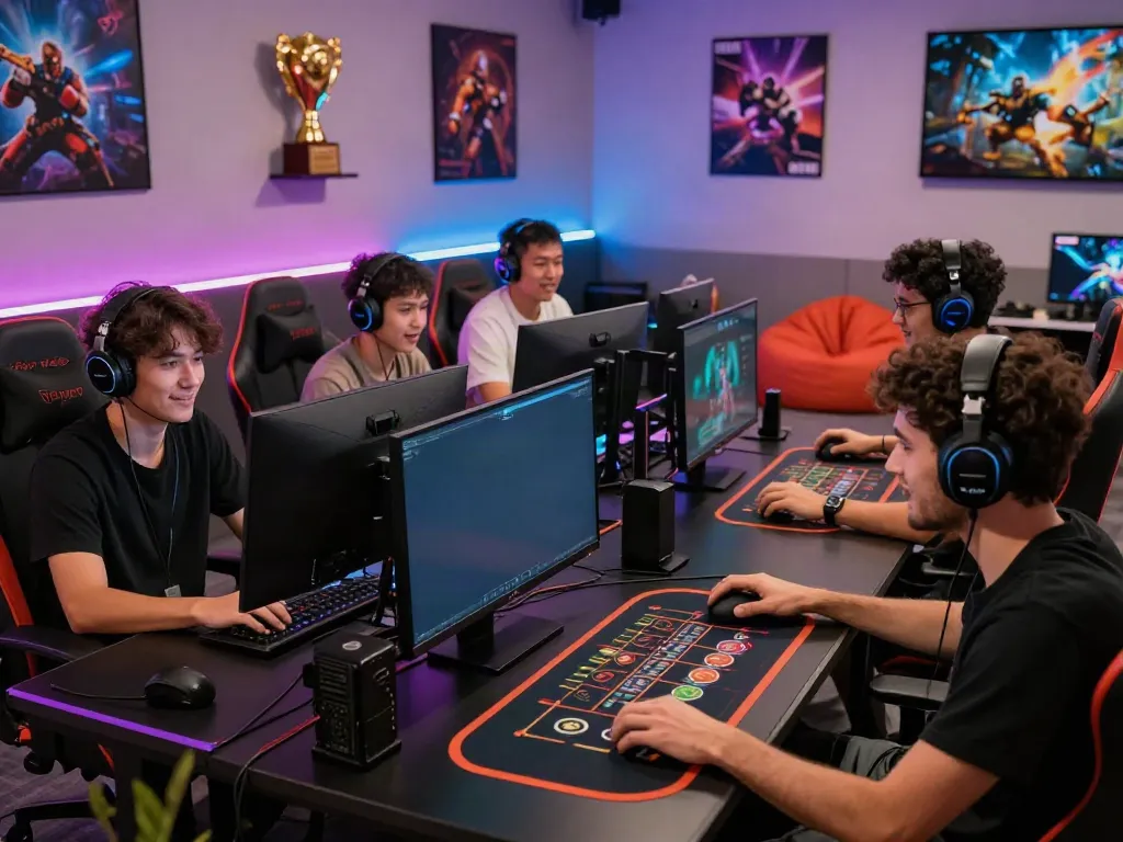 Gaming enthusiasts engaging on http://debet-onl.com in a lively gaming room filled with vibrant decor and technology.