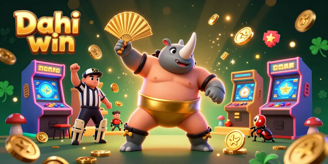 Dhani win brings excitement with a dynamic scene of a sumo champion beetle and arcade elements amidst casino gold.